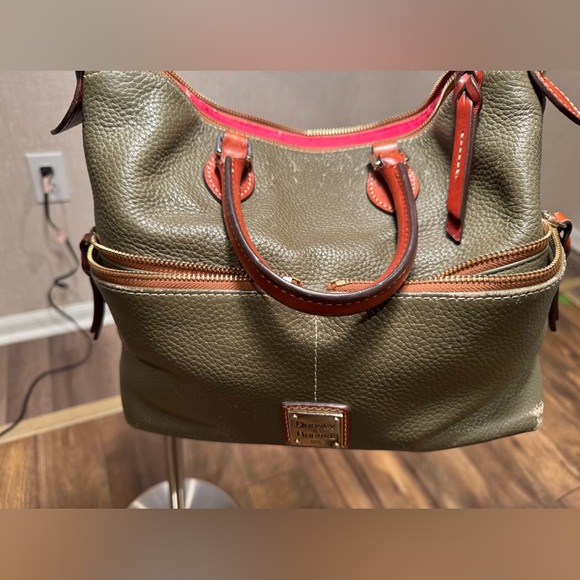 👜 Dooney & Bourke Pebble Leather Dome Satchel (Olive/Russet) purse handbag as is - Picture 12 of 16